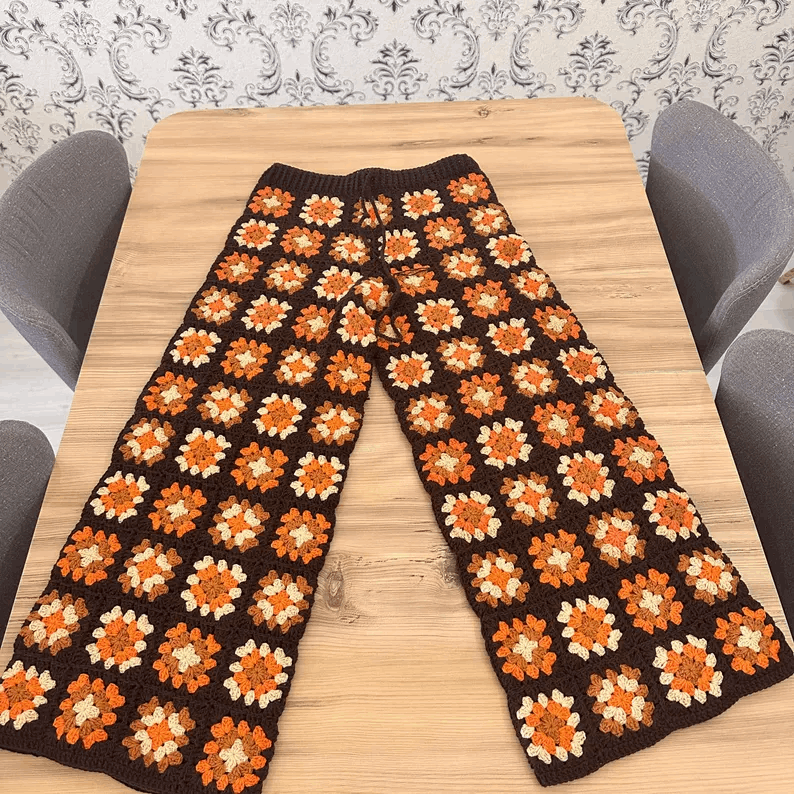 Handmade Crochet Granny Square Pants,Boho Wide Leg Retro Trousers,Colorful Festival Clothing,Hippie Style,Handmade Gift