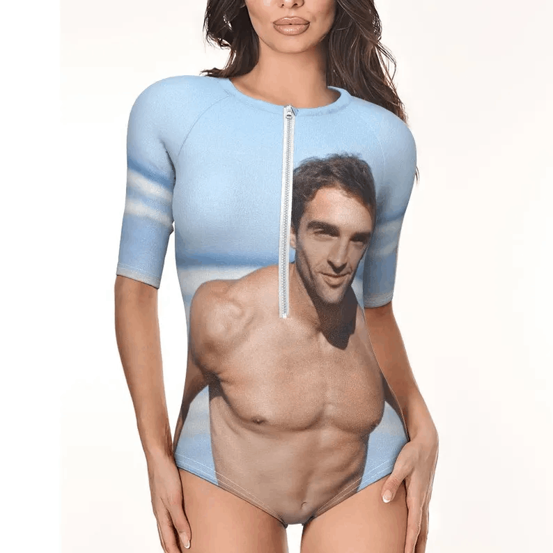 Custom Photo Swimsuit for Women, Personalized Half Sleeve One Piece, Full Back Print Swimwear, Summer Beach Gift for Her, Custom Swimsuit