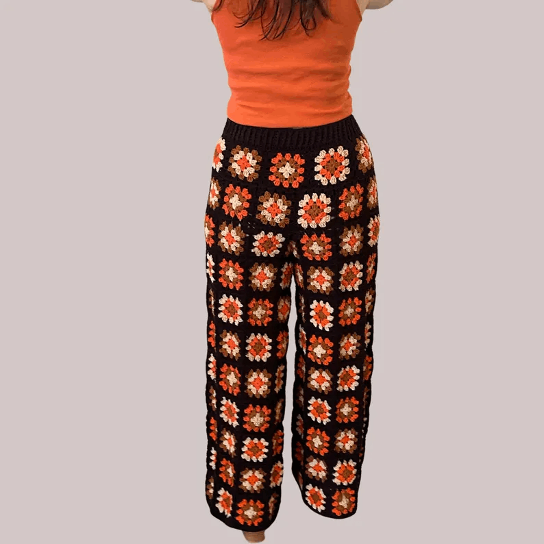 Handmade Crochet Granny Square Pants,Boho Wide Leg Retro Trousers,Colorful Festival Clothing,Hippie Style,Handmade Gift