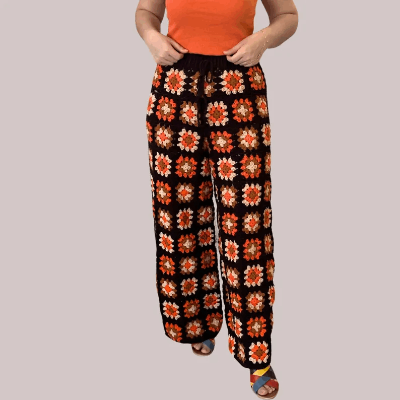 Handmade Crochet Granny Square Pants,Boho Wide Leg Retro Trousers,Colorful Festival Clothing,Hippie Style,Handmade Gift
