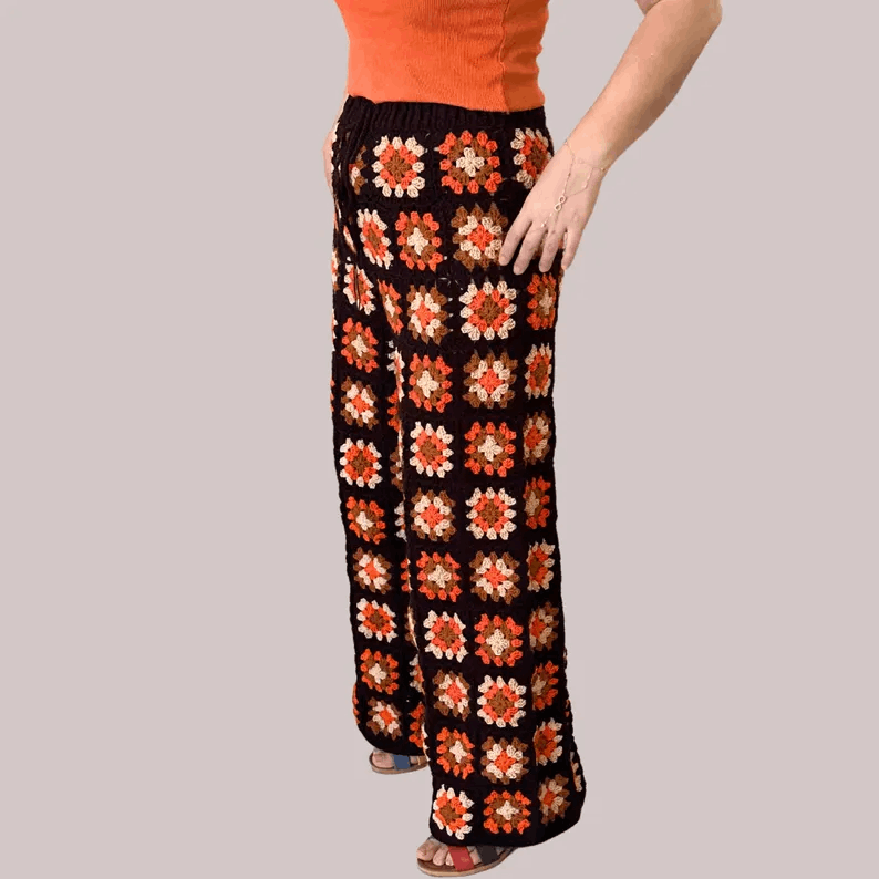 Handmade Crochet Granny Square Pants,Boho Wide Leg Retro Trousers,Colorful Festival Clothing,Hippie Style,Handmade Gift