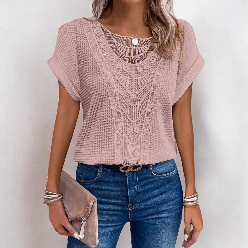 Summer lace crochet knit blouse, Boho casual blouse, Short sleeve summer Tee, Crocheted summer top