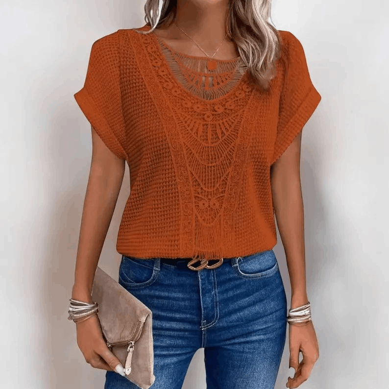Summer lace crochet knit blouse, Boho casual blouse, Short sleeve summer Tee, Crocheted summer top