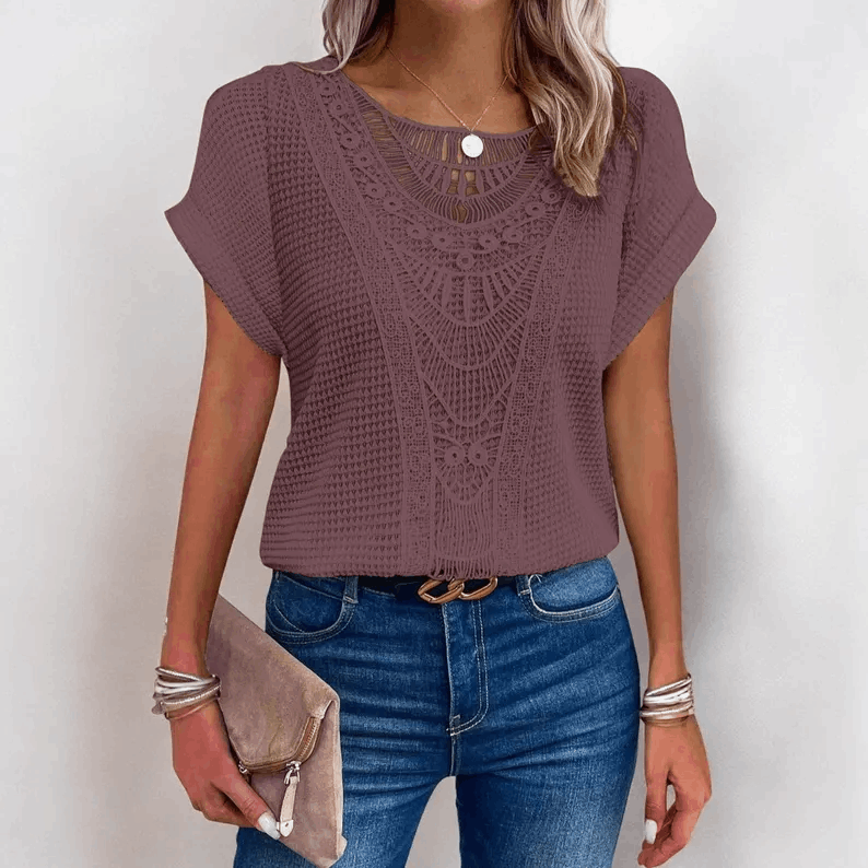 Summer lace crochet knit blouse, Boho casual blouse, Short sleeve summer Tee, Crocheted summer top
