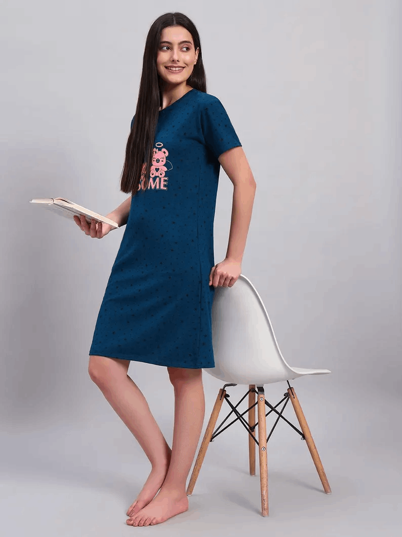 Teal Blue Lounge Dress Printed with Adorable Teddy Bear Women Nightdress Comfy Sleepwear
