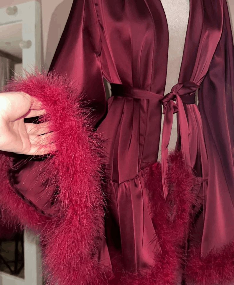 Feather Personalized Satin Luxe Robes, Luxury Bridal Loungewear, Photoshoot Robe, Satin Sleepwear, Customized Kimono Robe for Wedding, Party