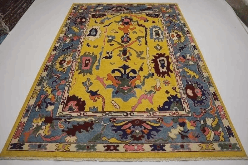 Handmade Oushak Wool Rug | Yellow Oriental Area Carpet | Colorful Bohemian Home Decor | 6x9 Ft | Traditional Modern Fusion Area Rug