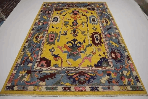 Handmade Oushak Wool Rug | Yellow Oriental Area Carpet | Colorful Bohemian Home Decor | 6x9 Ft | Traditional Modern Fusion Area Rug