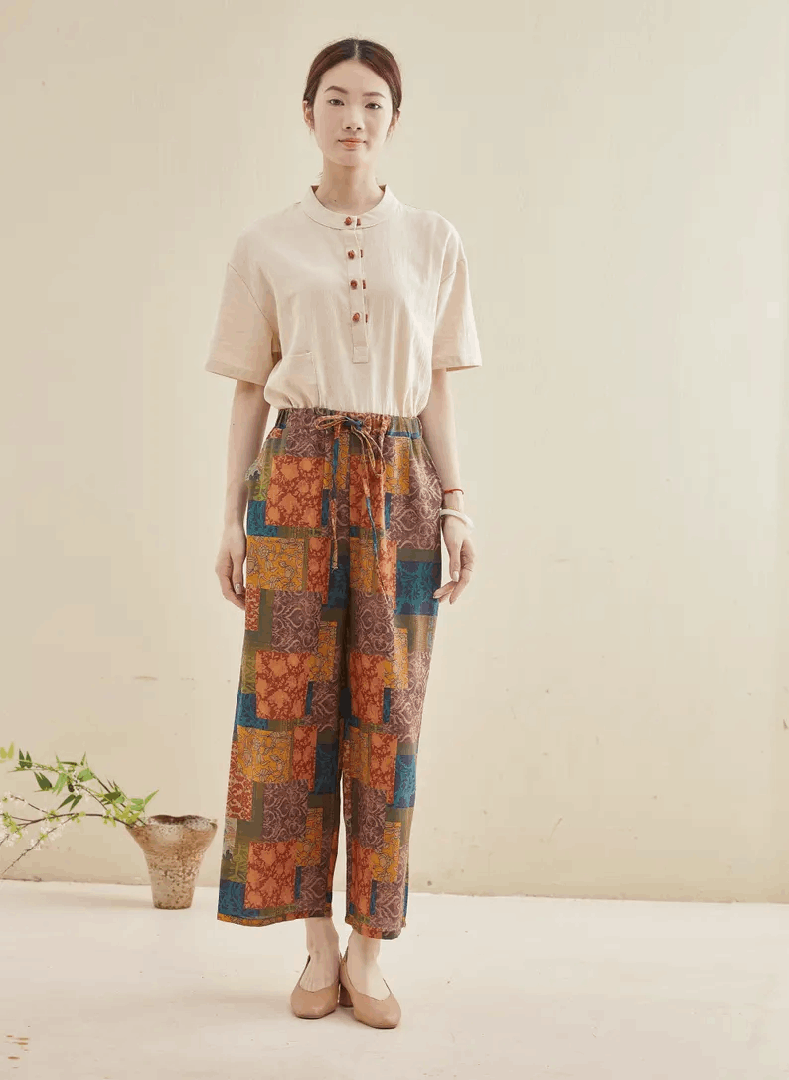 Printed Pants Summer Floral Cotton Pants Wide Leg Loose Pants Custom Enlarged Pants, Unique Prints, Personality And Novel Pants