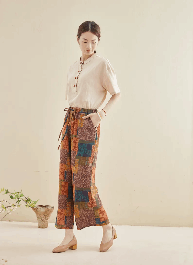 Printed Pants Summer Floral Cotton Pants Wide Leg Loose Pants Custom Enlarged Pants, Unique Prints, Personality And Novel Pants