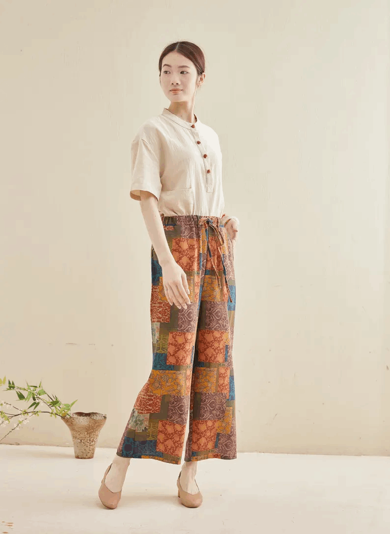 Printed Pants Summer Floral Cotton Pants Wide Leg Loose Pants Custom Enlarged Pants, Unique Prints, Personality And Novel Pants