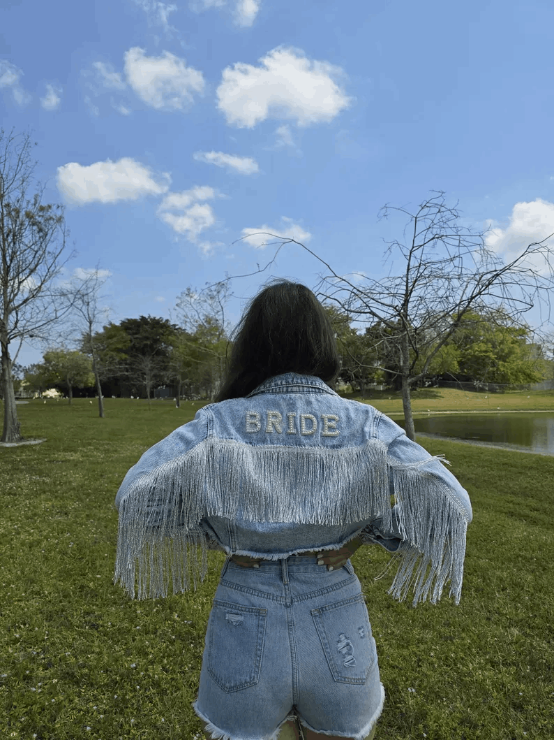 Veste en jean Bride à franges et perles – Veste denim personnalisée EVJF