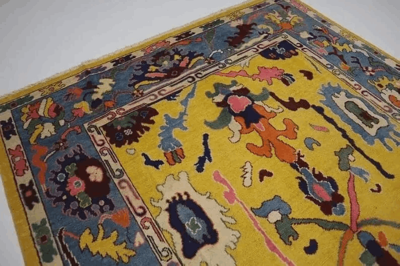 Handmade Oushak Wool Rug | Yellow Oriental Area Carpet | Colorful Bohemian Home Decor | 6x9 Ft | Traditional Modern Fusion Area Rug