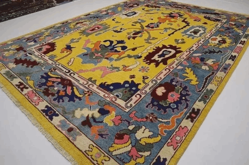 Handmade Oushak Wool Rug | Yellow Oriental Area Carpet | Colorful Bohemian Home Decor | 6x9 Ft | Traditional Modern Fusion Area Rug